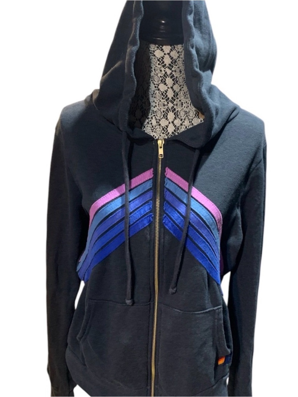 Aviator Nation Rainbow Charcoal Gray Hoodie Zip Up Sweatshirt Medium Boho - Picture 4 of 11